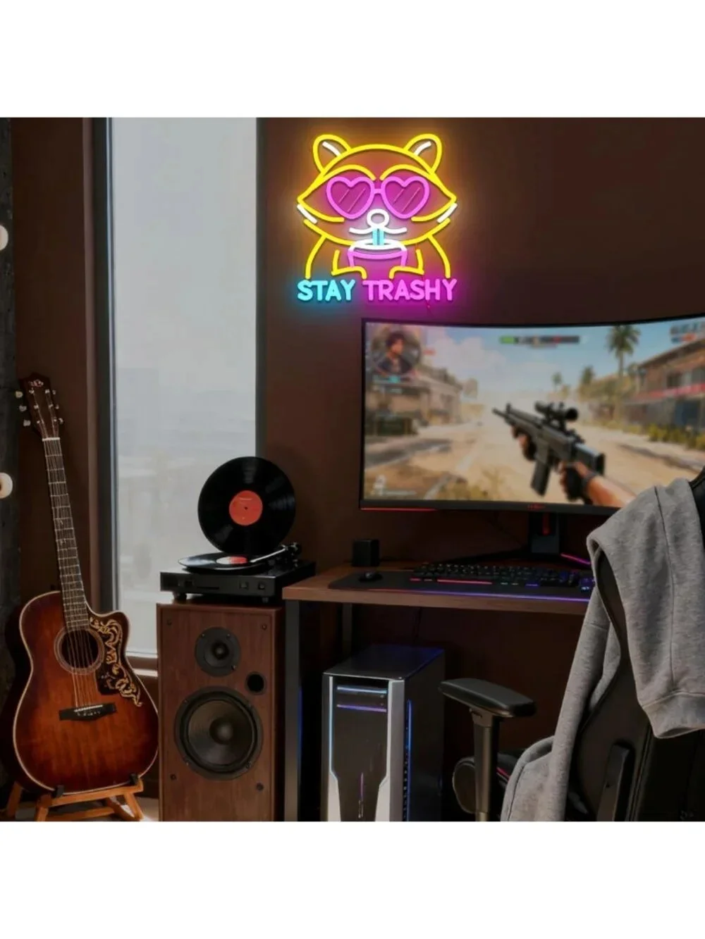 Cute Neon Raccoon Sign - Dimmable LED Wall Decor for Bedroom, Game Room